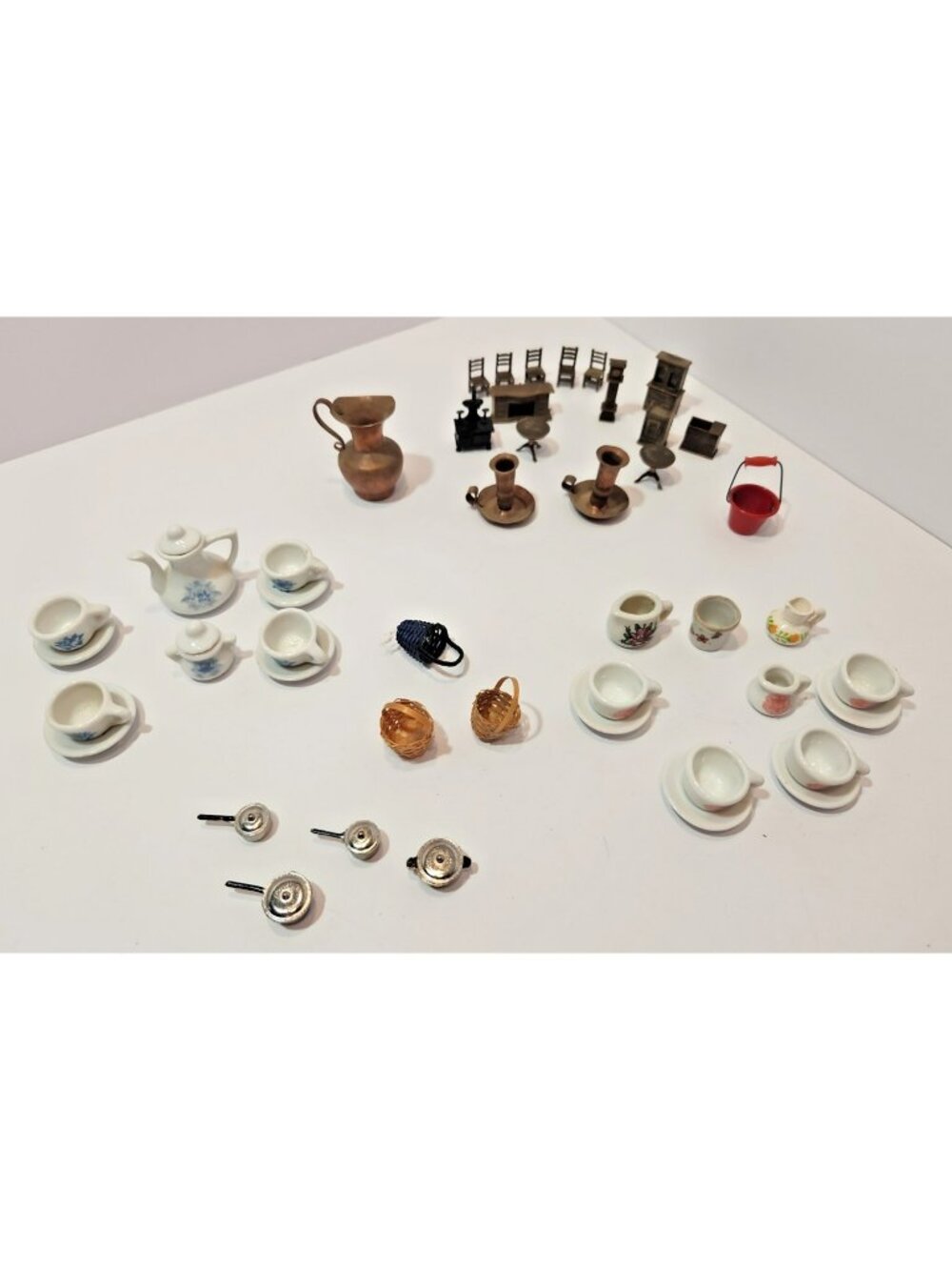 Huge Lot of Over 50 Pcs Dollhouse Miniatures Tea Sets Copper Pots and Pans Etc